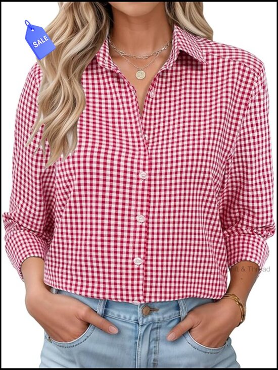 Tops - Long Sleeve Button Down Blouse Loose Fit Cotton Collared Shirt